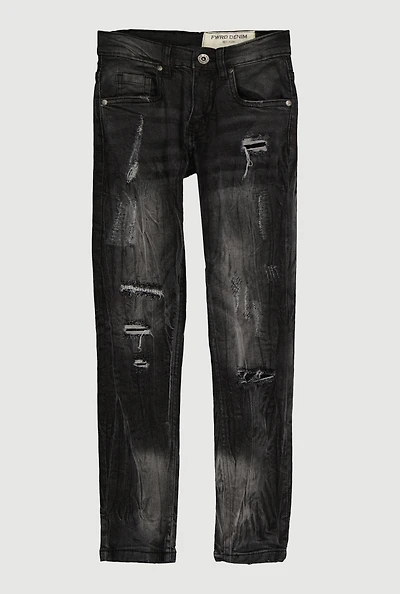 Boys Frayed and Distressed Whiskered Jeans, Black, Size 16