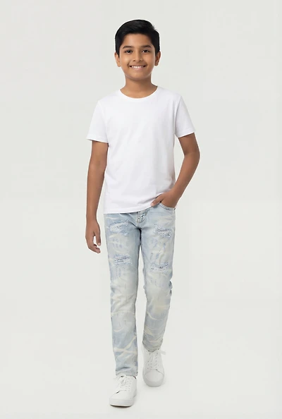Boys Acid Wash Whiskered Distressed Skinny Jeans