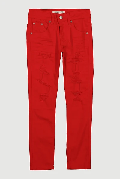 Boys Patch and Repair Distressed Jeans, Red, Size 10