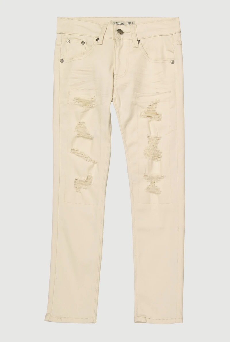 Boys Patch and Repair Distressed Skinny Jeans, White, Size 10