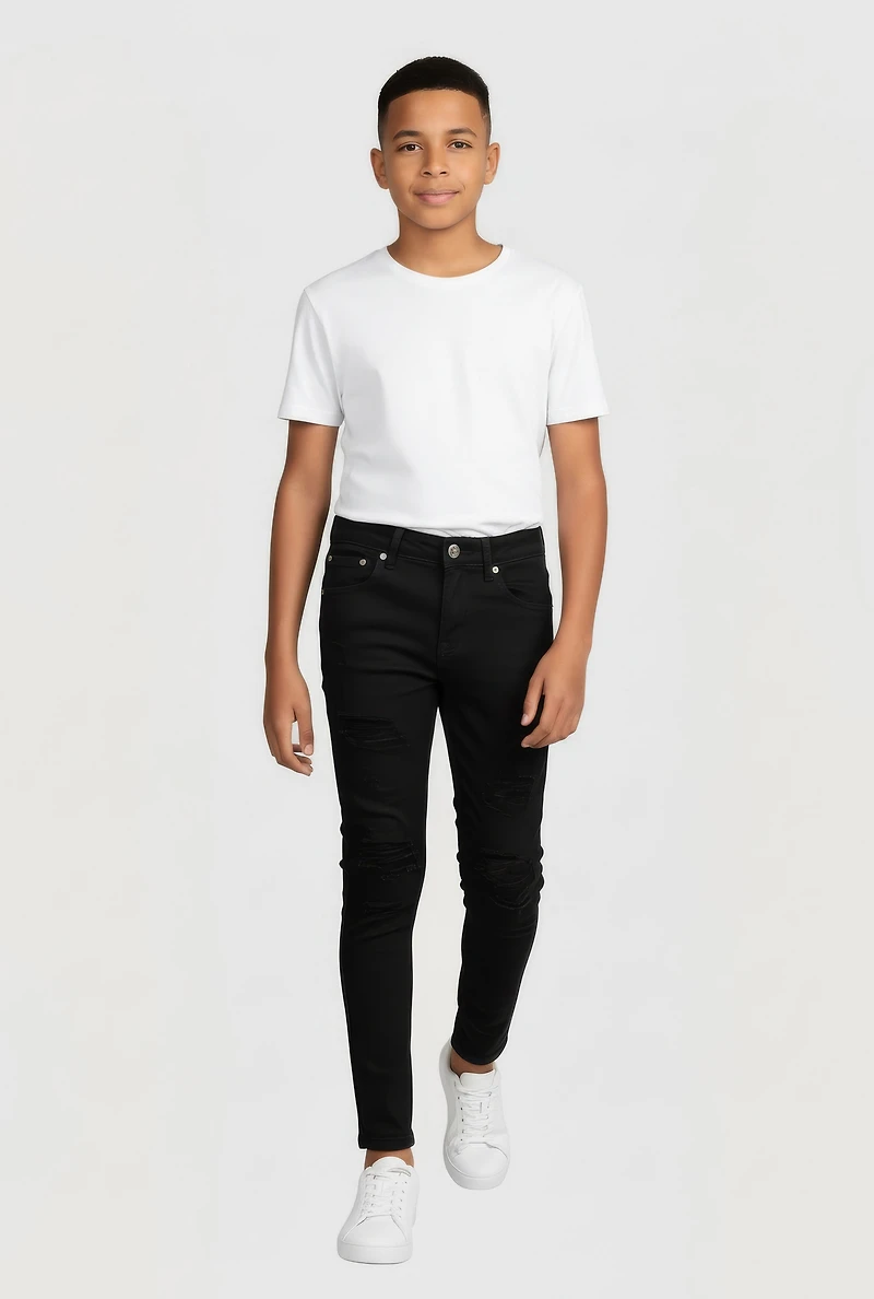 Boys Frayed Patch and Repair Slim Jeans, Black,