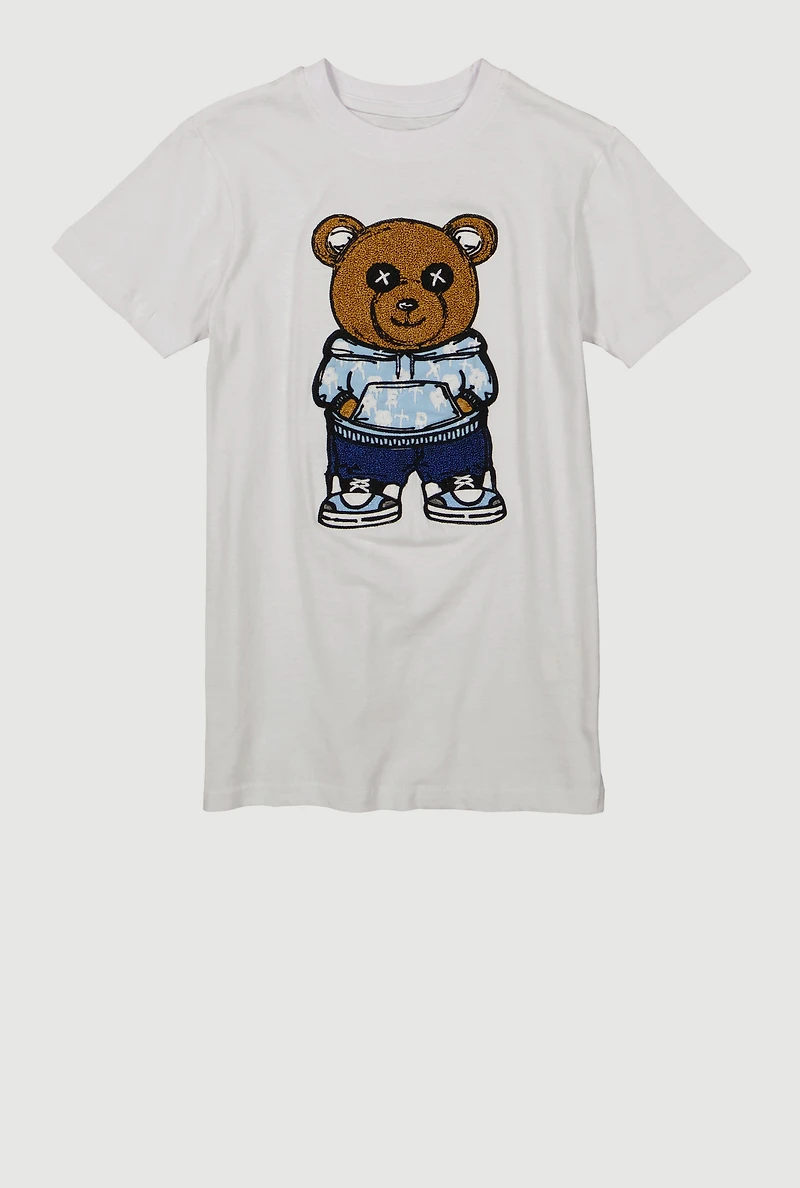 Boys Chenille Bear Patch Graphic Tee, White,