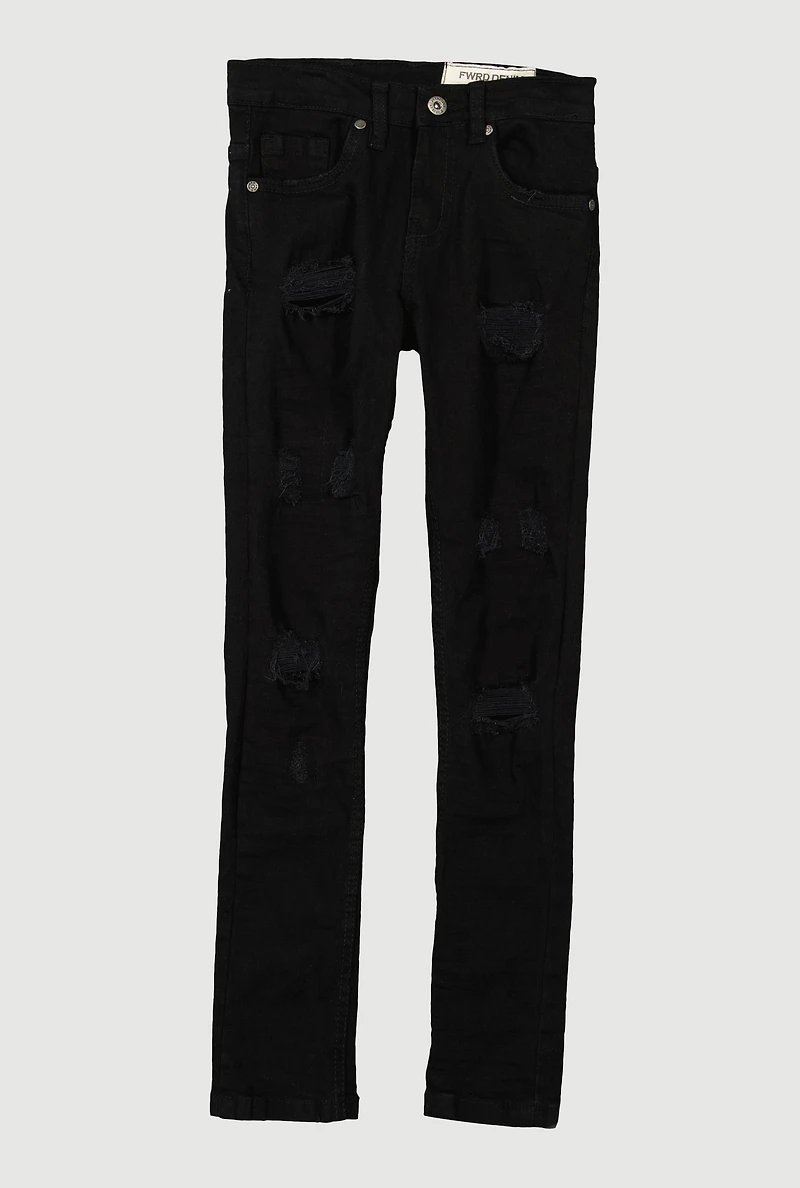 Boys Frayed Patch and Repair Distressed Jeans, Black, Size 8
