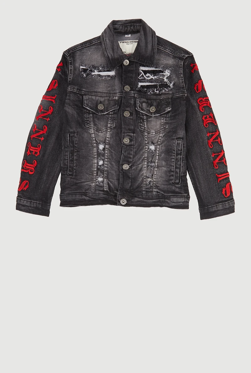 Boys Distressed Sinners X Saints Denim Jacket, Grey, Size S