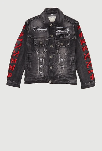 Boys Distressed Sinners X Saints Denim Jacket, Grey, Size S