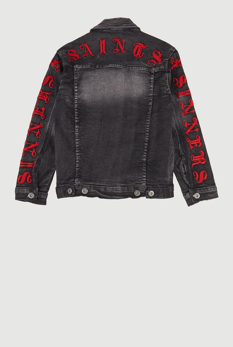Boys Distressed Sinners X Saints Denim Jacket, Grey, Size S