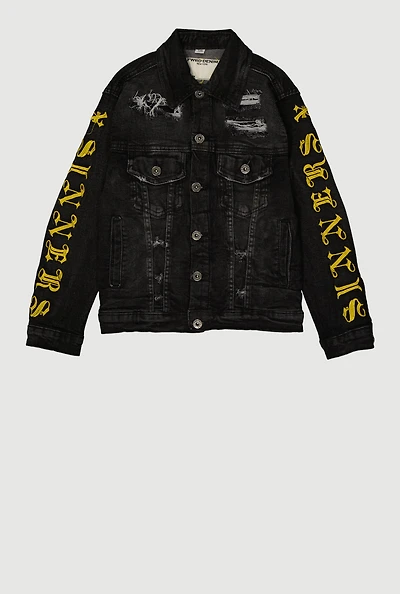Boys Sinners X Saints Distressed Denim Jacket, Black, Size 18-20