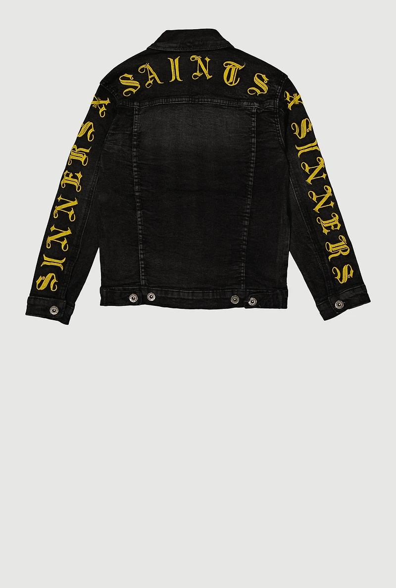 Boys Sinners X Saints Distressed Denim Jacket, Black, Size 14-16
