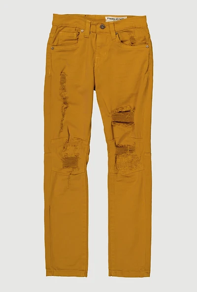 Boys Solid Distressed Moto Jeans, Yellow,