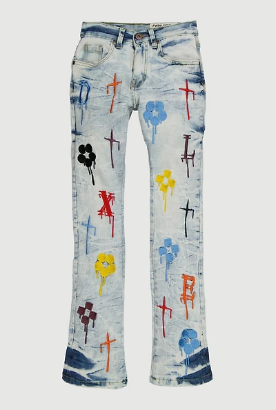 Boys Acid Wash Embroidered Drip Pattern Jeans