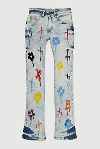 Boys Acid Wash Embroidered Drip Pattern Jeans