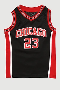 Little Boys Contrast Trim Graphic Basketball Jersey, Black, Size 4