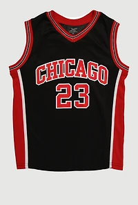 Boys V Neck Graphic Basketball Jersey, Black, Size 10-12