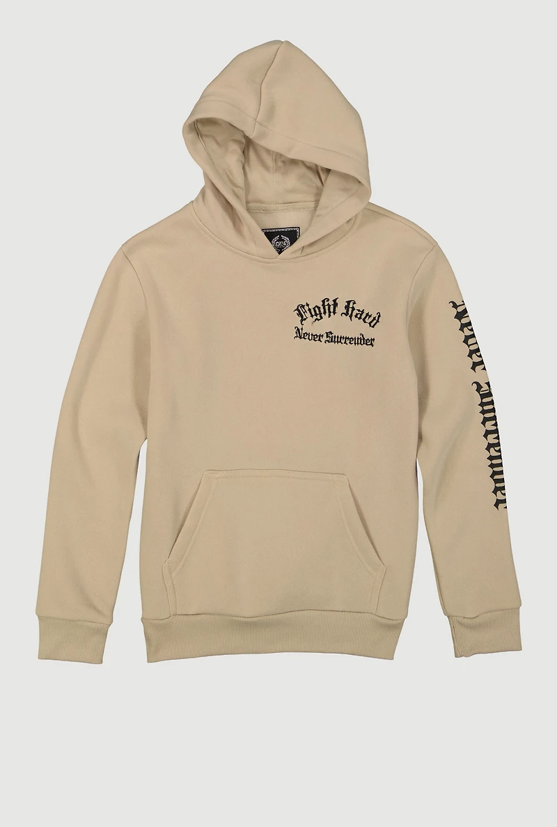 Boys Fight Hard Never Surrender Graphic Pullover Hoodie, Beige, Size 10-12