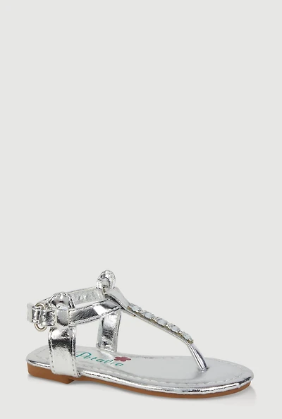 Womens Toddler Girls Velcro Strap Rhinestone Thong Sandals, Silver, Size 6