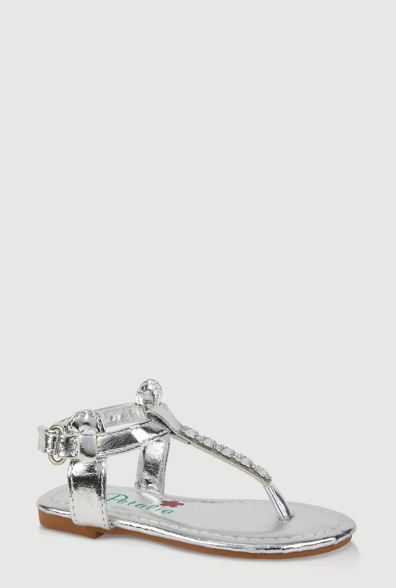 Womens Toddler Girls Velcro Strap Rhinestone Thong Sandals, Silver,