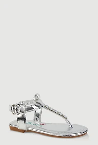 Womens Toddler Girls Velcro Strap Rhinestone Thong Sandals, Silver,
