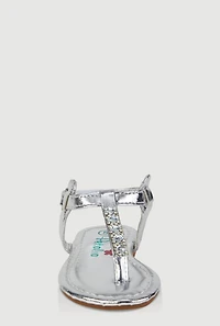 Womens Toddler Girls Velcro Strap Rhinestone Thong Sandals, Silver,