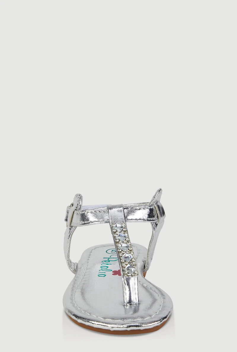 Womens Toddler Girls Velcro Strap Rhinestone Thong Sandals, Silver, Size 8