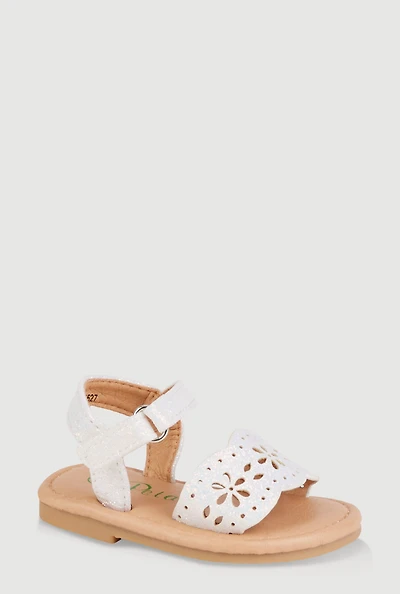 Baby Girls Laser Cut Flower Band Ankle Strap Sandals, White, INFANT