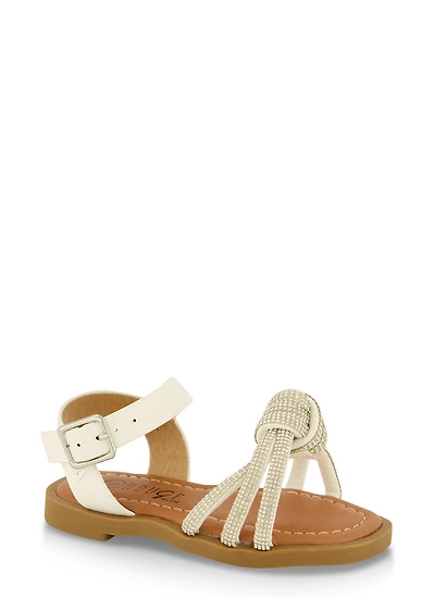 Womens Toddler Girls Rhinestone Knot Band Ankle Strap Sandals, White,