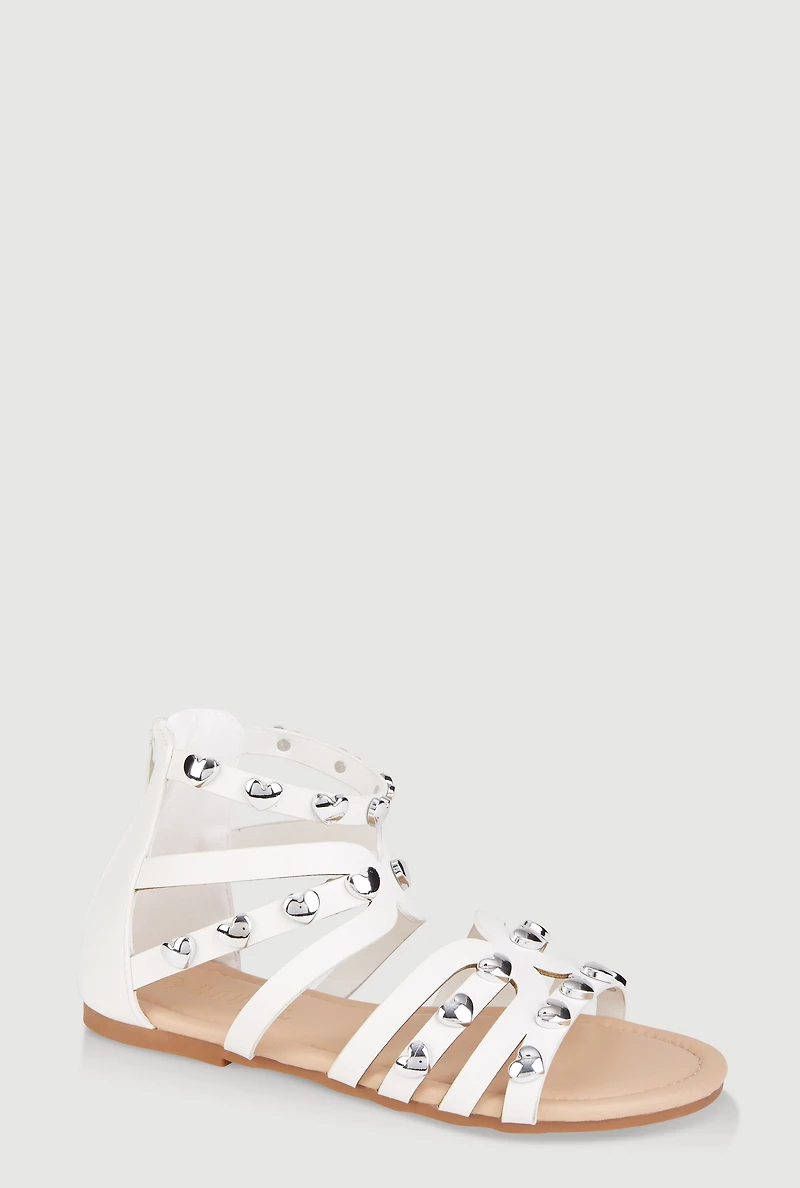 Womens Girls Heart Studded Gladiator Sandals, White, Size 11