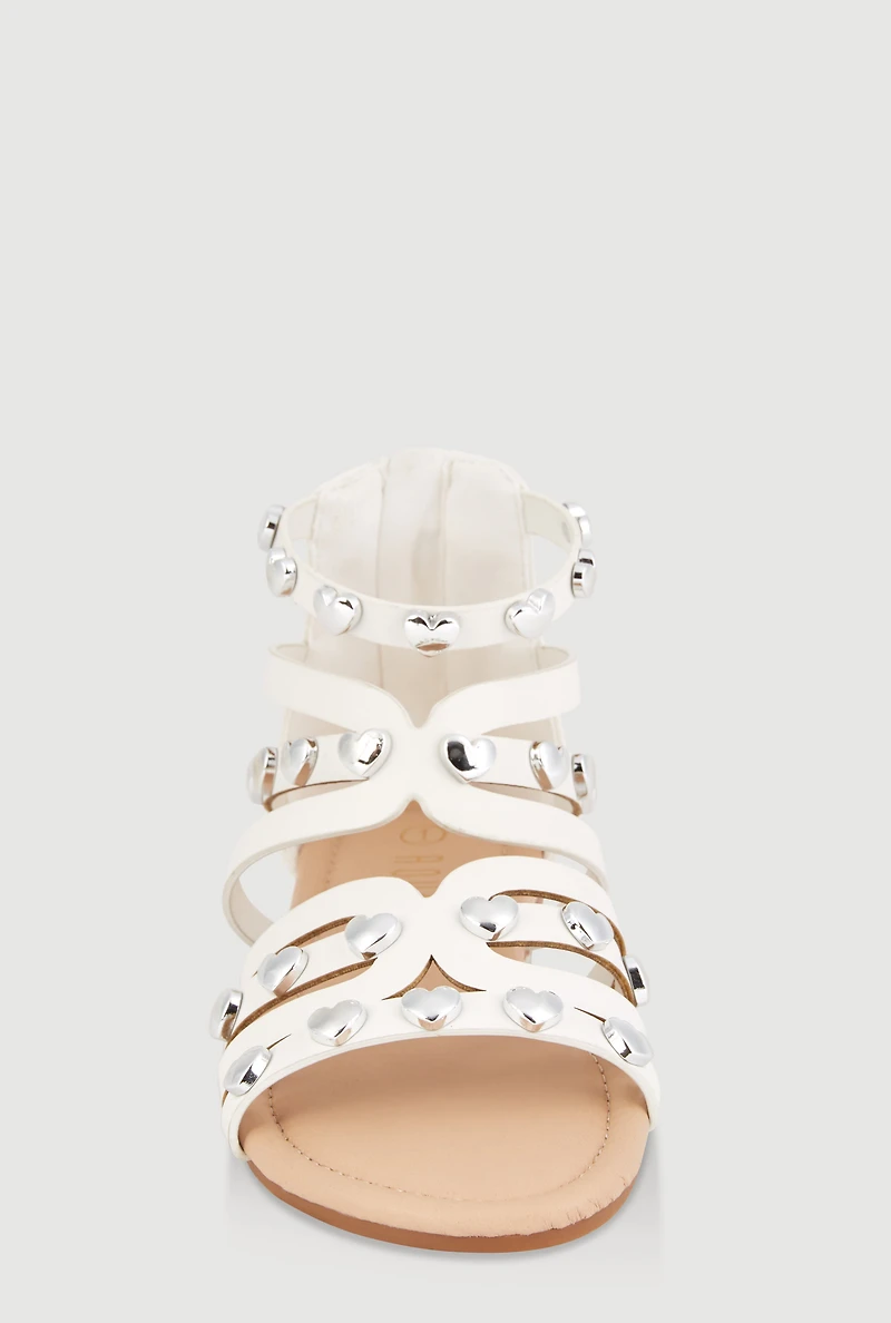 Womens Girls Heart Studded Gladiator Sandals, White, Size 3