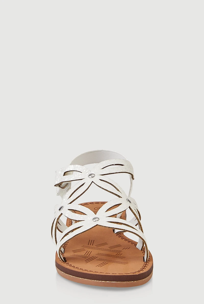 Womens Girls Flower Cut Out Velcro Strap Sandals, White, Size 13