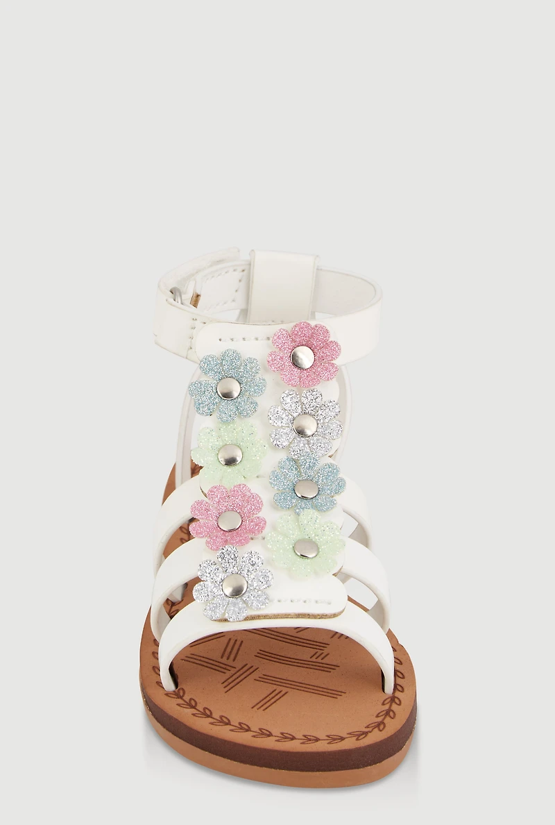 Womens Toddler Girls Glitter Floral Gladiator Sandals, White,