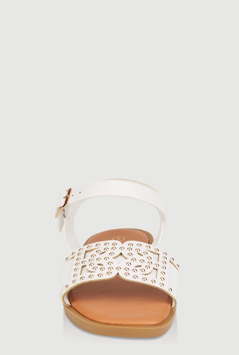 Womens Girls Studded Cut Out Band Ankle Strap Sandals, White, Size 11