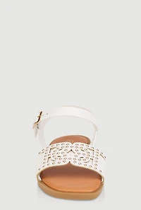 Womens Girls Studded Cut Out Band Ankle Strap Sandals, White, Size 3