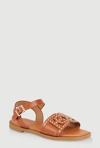 Womens Girls Studded Cut Out Band Ankle Strap Sandals, Brown,