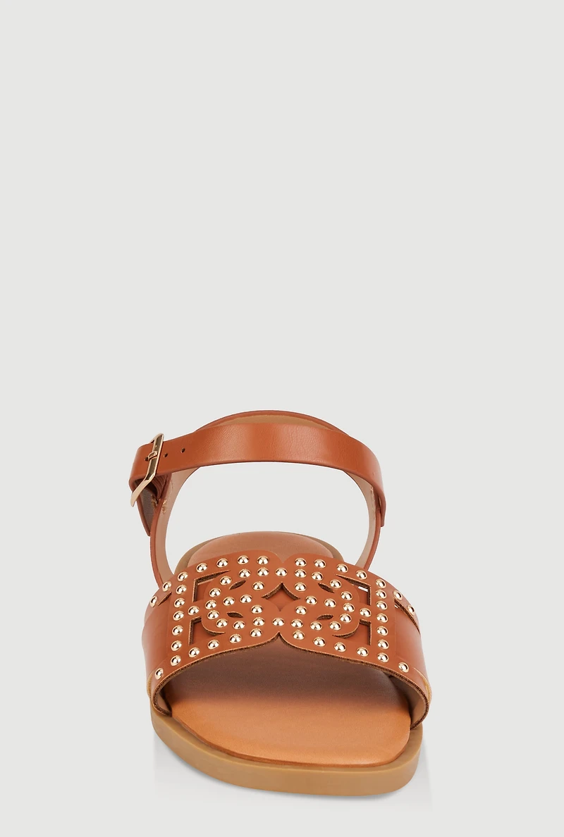 Womens Girls Studded Cut Out Band Ankle Strap Sandals,