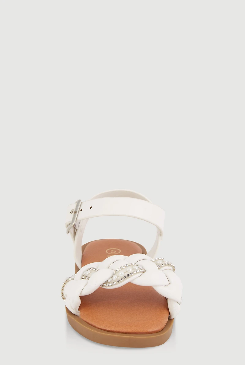 Womens Toddler Girls Faux Pearl Rhinestone Braided Strap Sandals, White, Size 7
