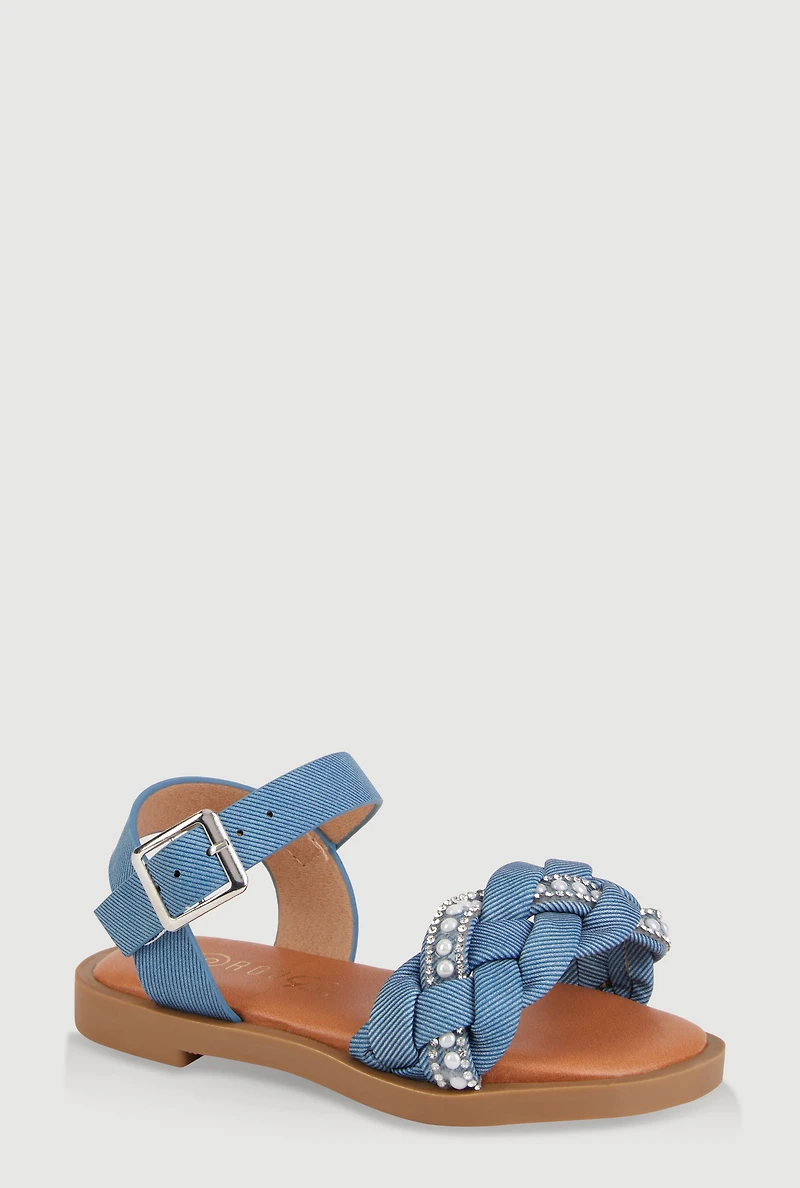 Womens Toddler Girls Faux Pearl Rhinestone Braided Strap Sandals,