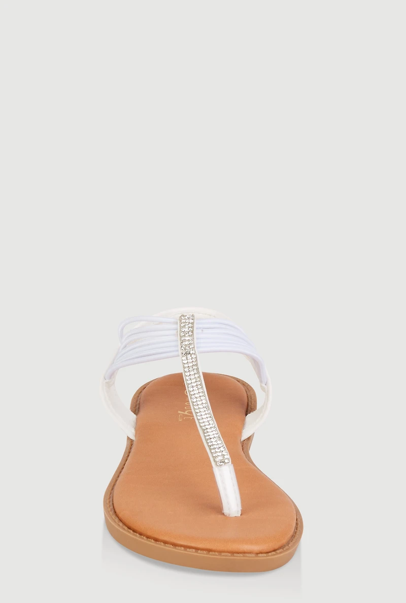 Womens Girls Corded Rhinestone Studded Thong Sandals, White, Size 1