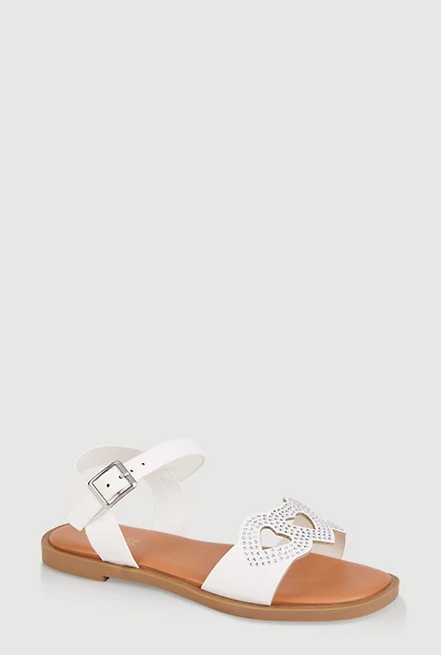 Womens Girls Rhinestone Heart Cut Out Band Sandals, White, Size 1