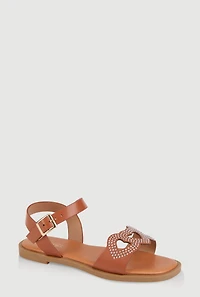 Womens Girls Rhinestone Heart Cut Out Band Sandals, Brown,