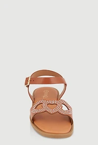 Womens Girls Rhinestone Heart Cut Out Band Sandals, Brown,