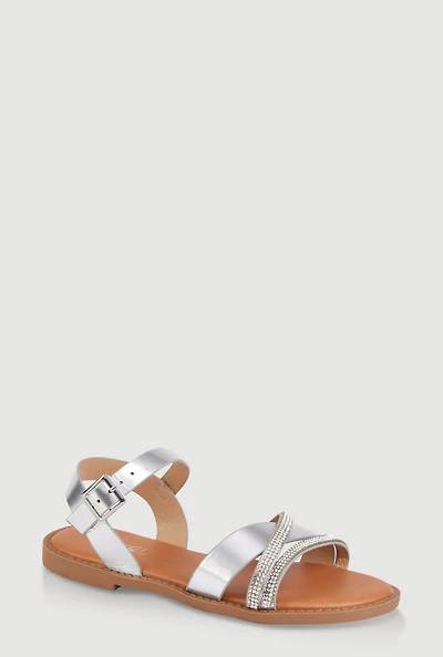 Womens Girls Rhinestone Criss Cross Ankle Strap Sandals, Silver, Size 2