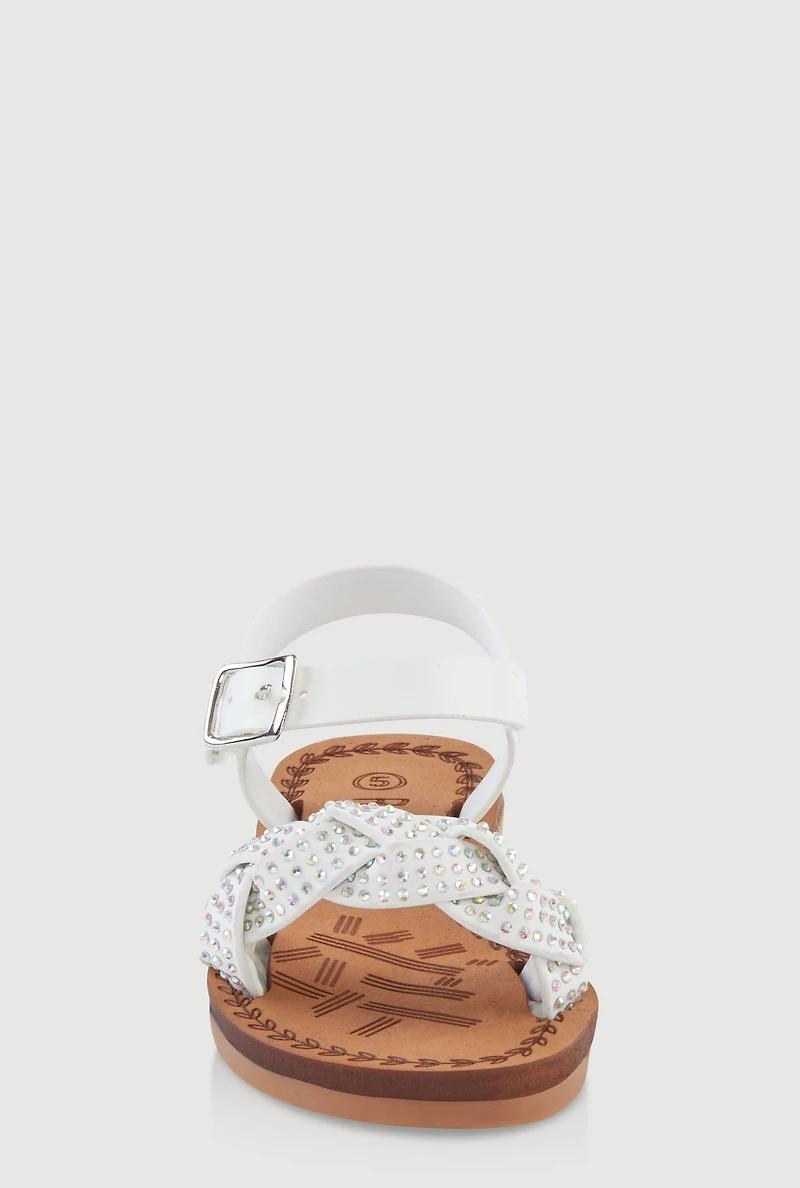 Womens Toddler Girls Rhinestone Braided Velcro Ankle Strap Sandals, White,