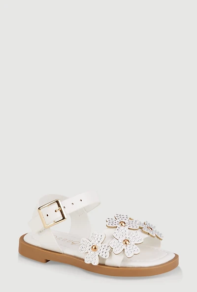 Womens Toddler Girls Rhinestone Studded Floral Ankle Strap Sandals, White,
