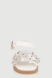 Womens Toddler Girls Rhinestone Studded Floral Ankle Strap Sandals, White,