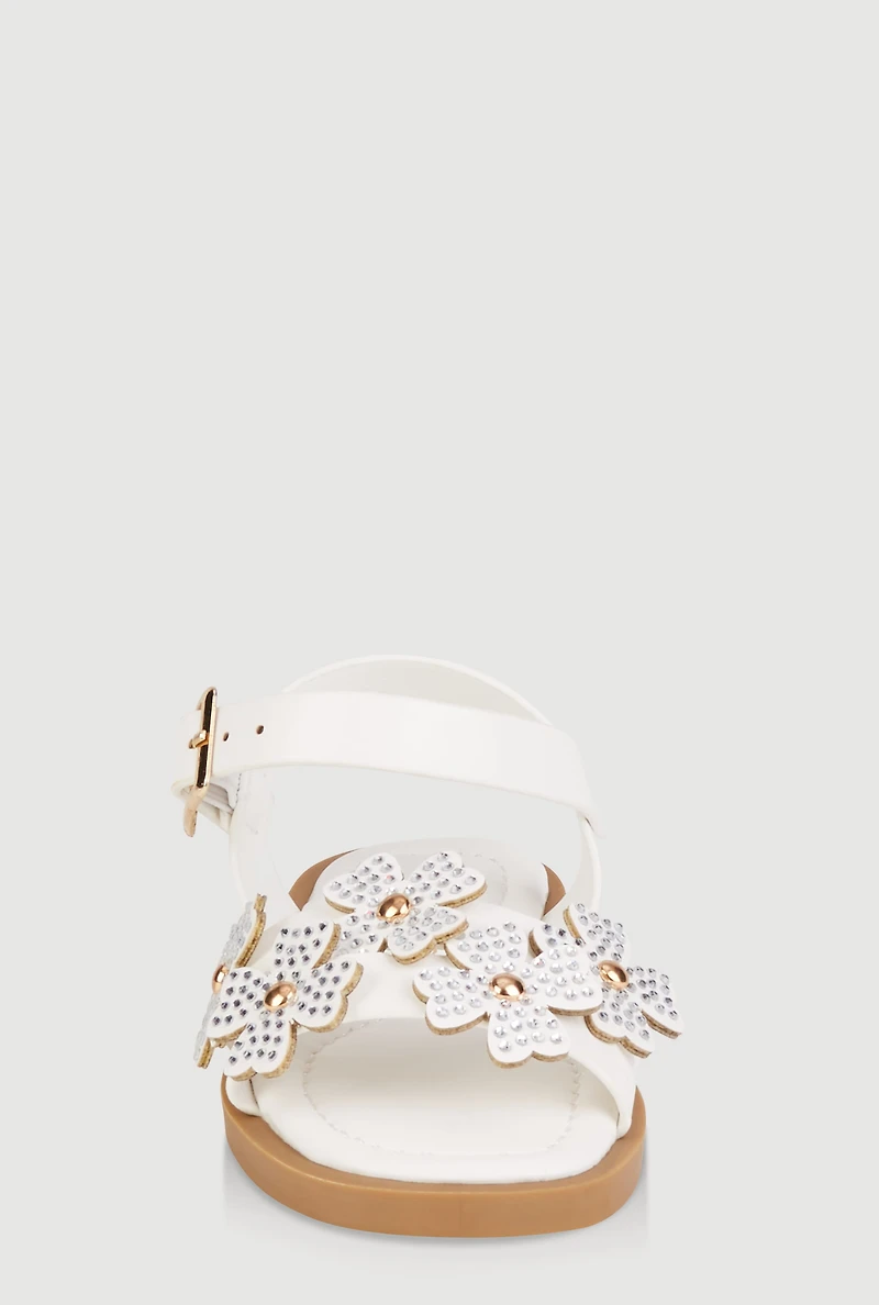 Womens Toddler Girls Rhinestone Studded Floral Ankle Strap Sandals, White,