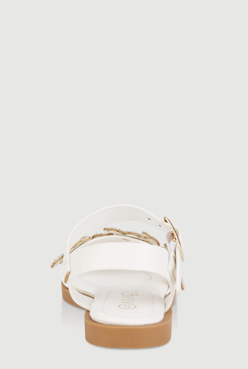 Womens Toddler Girls Rhinestone Studded Floral Ankle Strap Sandals, White, Size 7