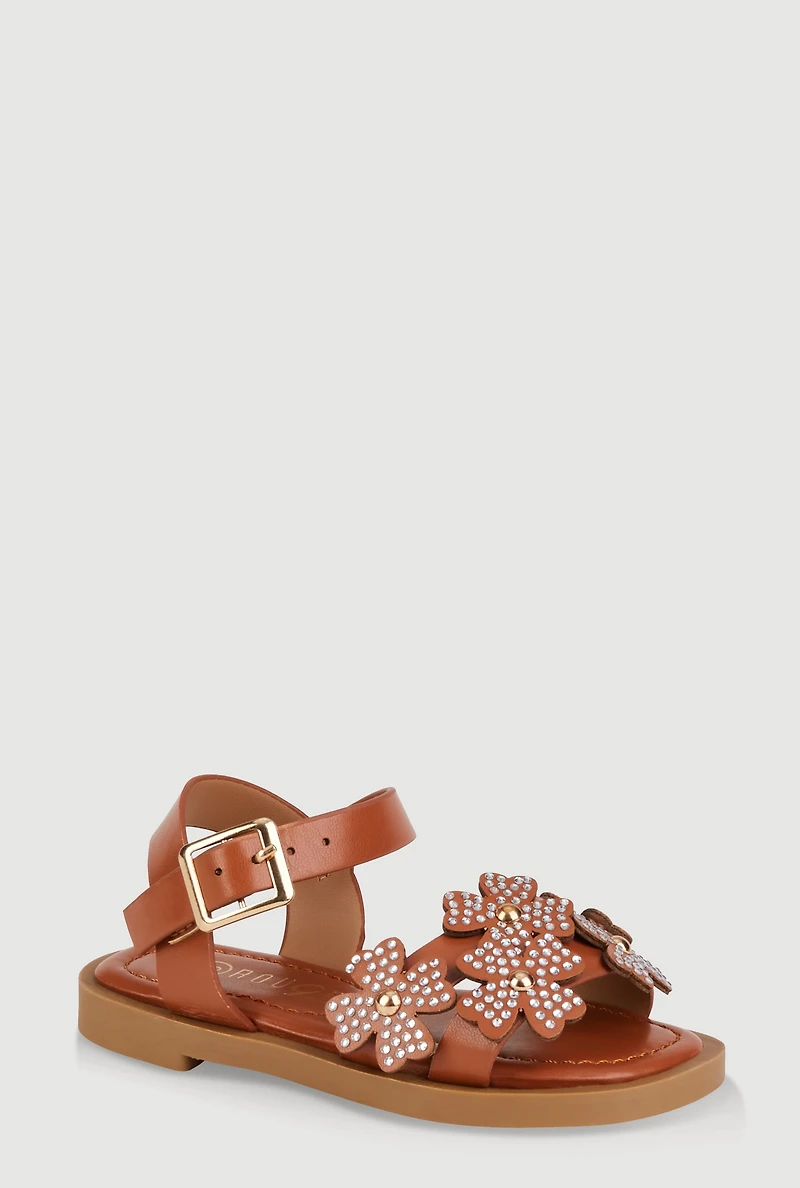 Womens Toddler Girls Rhinestone Studded Floral Ankle Strap Sandals,