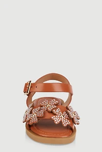 Womens Toddler Girls Rhinestone Studded Floral Ankle Strap Sandals, Brown, Size 8
