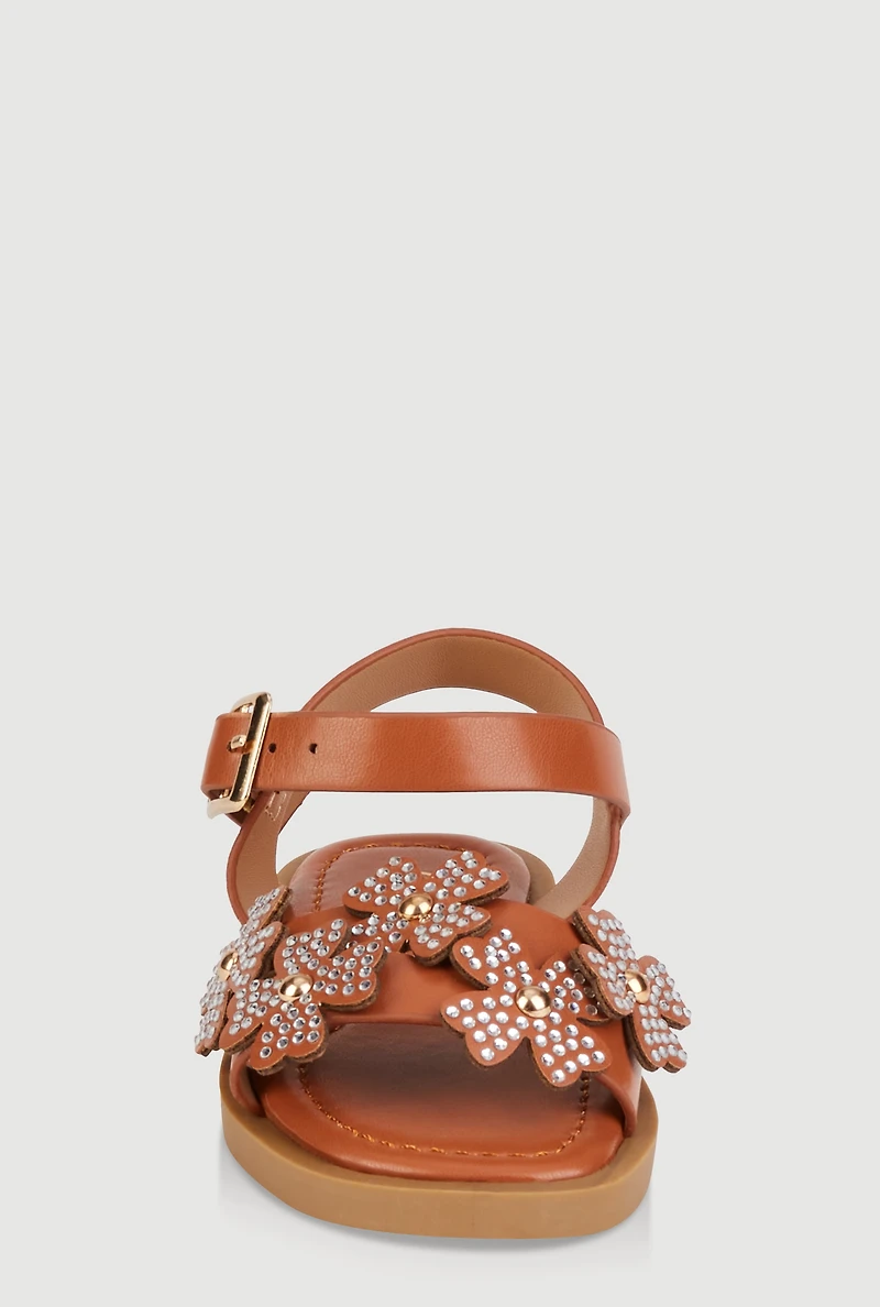 Womens Toddler Girls Rhinestone Studded Floral Ankle Strap Sandals,