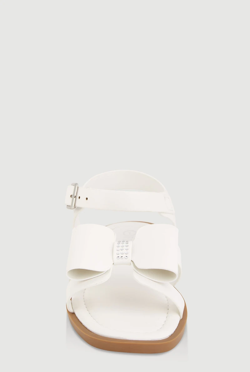 Womens Girls Faux Leather Bow Band Ankle Strap Sandals, White,