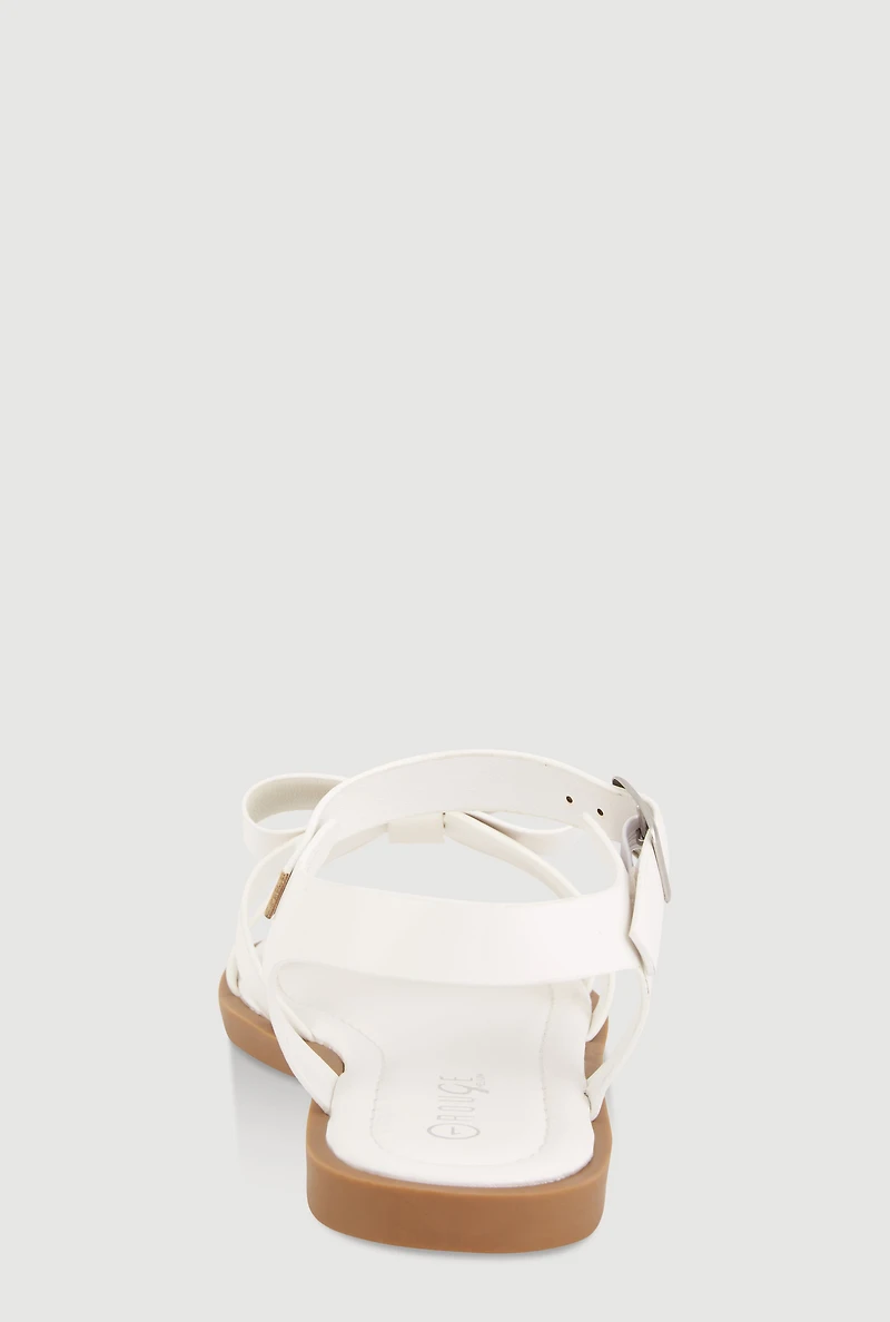 Womens Girls Faux Leather Bow Band Ankle Strap Sandals, White, Size 2